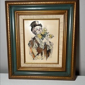 Vintage Hand Painted Clown Art in Ornate Frame